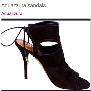 aquazzura Black Ankle Wrap Suede Stiletto Open Toe Shoe Size 39 1/2